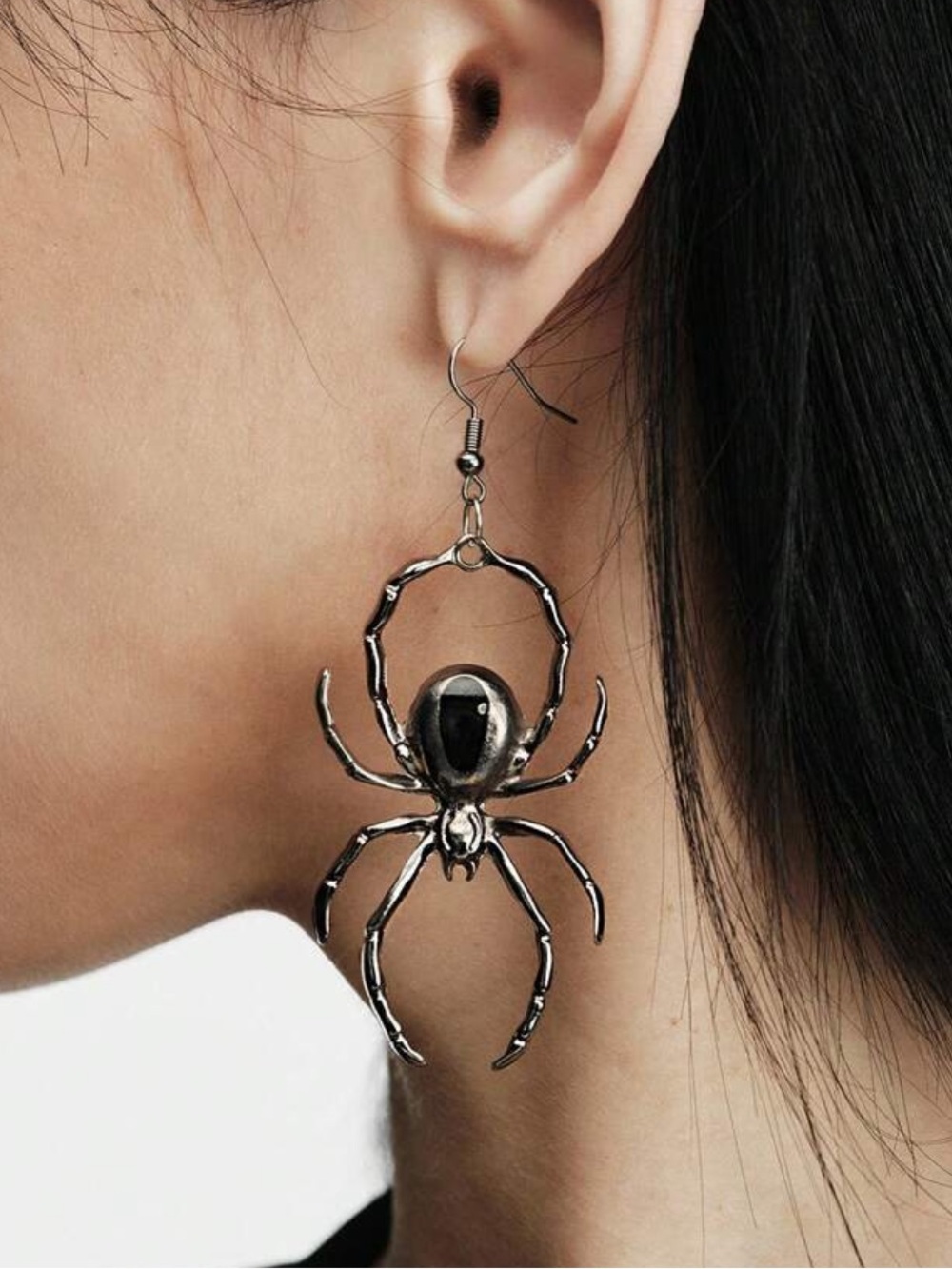 Big silver grey‎ Gothic Halloween Black Spiders drop earrings